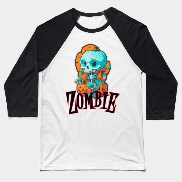 Funny Halloween Skeleton Baseball T-Shirt by CatCoconut-Art